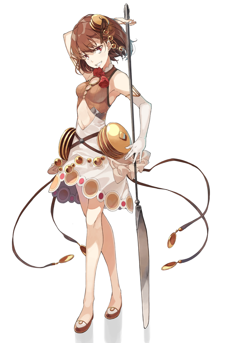 1girl, arm_behind_head, brown_hair, butterknife, dress, elbow_gloves, falsehood, full_body, gloves, grin, hair_ornament, highres, looking_at_viewer, navel, navel_cutout, original, pancake, polearm, red_eyes, short_hair, simple_background, sleeveless, sleeveless_dress, slippers, smile, solo, standing, weapon, white_background