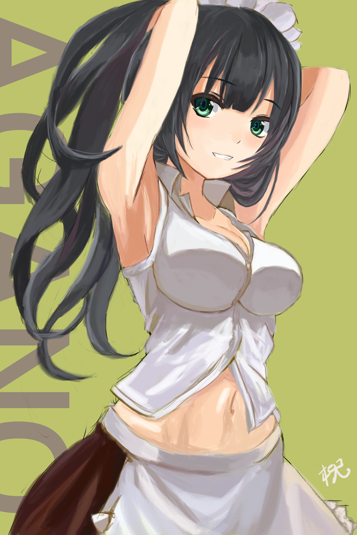 1girl, agano_(kantai_collection), alternate_costume, apron, arm_behind_head, armpits, bare_shoulders, black_hair