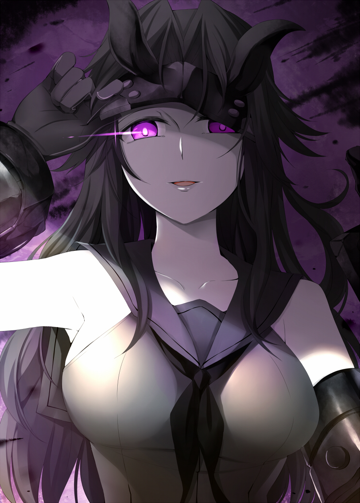 1girl, black_hair, breasts, commentary_request, gloves, horns, kantai_collection, large_breasts