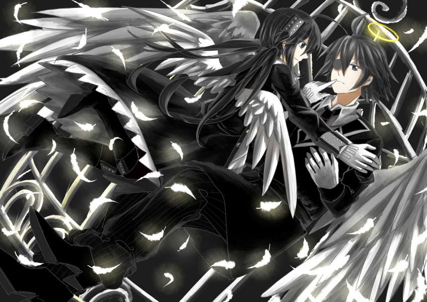 1boy, 1girl, absurdres, ahoge, alela_grora, angel_wings, black_dress, black_hair