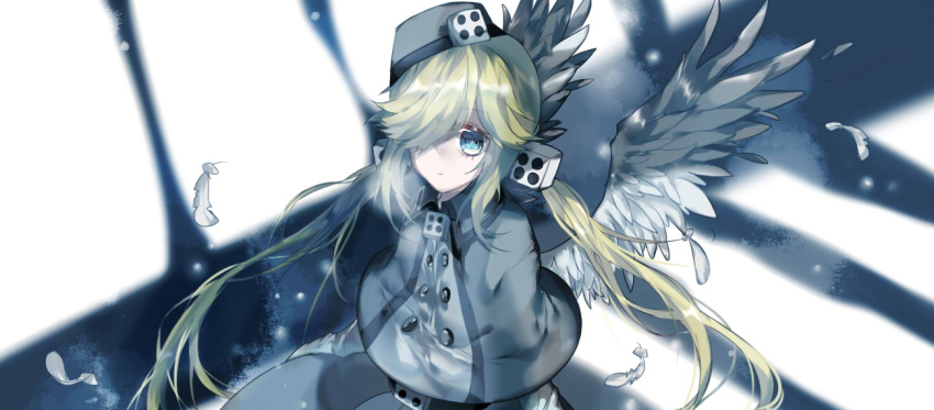 1girl, angel_wings, blonde_hair, blue_eyes, capelet, demon_wings, dress, feathers