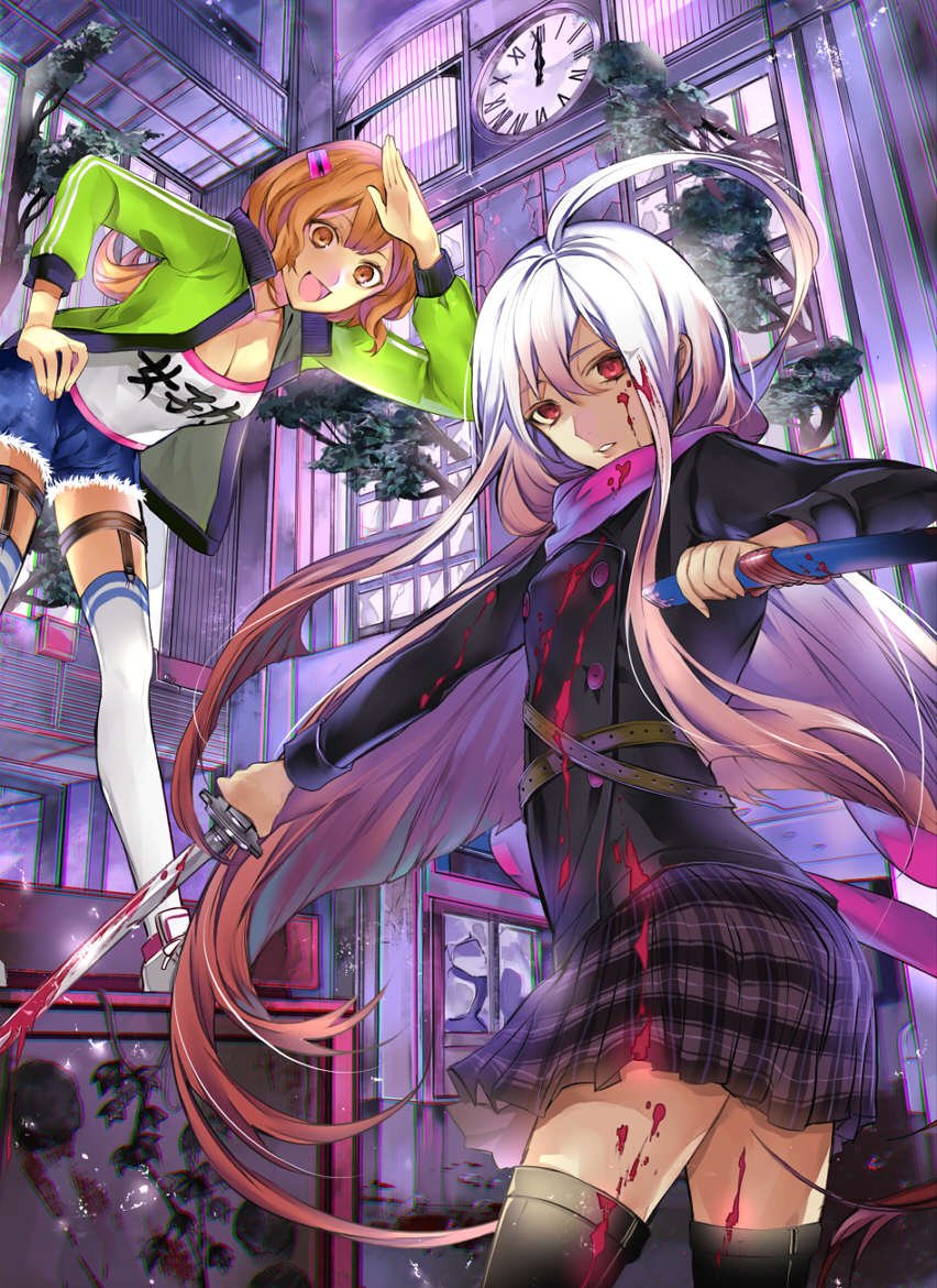 2girls, :d, ahoge, albino, belt, bent_over, black_legwear, blood, bloody_clothes, bloody_weapon, blue_shorts, blurry, breasts, broken_glass, brown_eyes, brown_hair, clock, clothes_writing, cross-laced_footwear, depth_of_field, double-breasted, ga_bunko, glass, gradient_hair, green_jacket, hair_ornament, hairclip, hand_on_hip, holding, holding_sword, holding_weapon, huge_ahoge, indoors, jacket, kansen_x_shoujo, legs_apart, long_hair, long_sleeves, looking_at_another, looking_at_viewer, miniskirt, multicolored_hair, multiple_girls, open_clothes, open_jacket, open_mouth, outstretched_arm, parted_lips, pink_hair, pink_scarf, plaid, plaid_skirt, plant, pleated_skirt, red_eyes, roman_numerals, scabbard, scarf, shading_eyes, shards, sheath, shoes, shorts, skirt, small_breasts, smile, sneakers, standing, sword, tcb, thigh-highs, tree, very_long_hair, vines, weapon, white_hair, white_legwear, white_shoes, window
