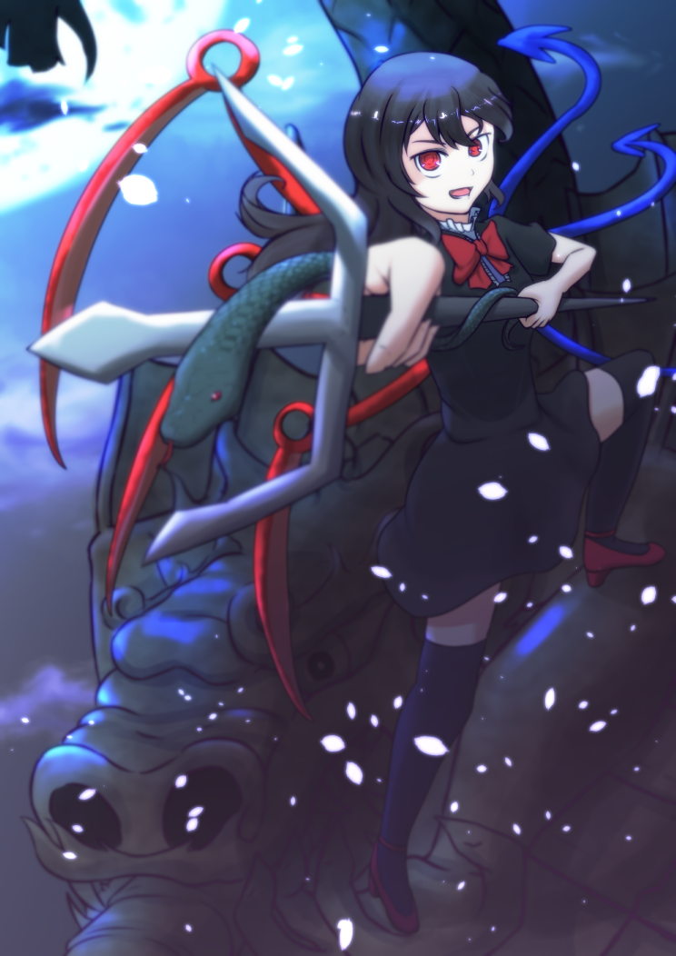 >:d, 1girl, :d, asymmetrical_hair, asymmetrical_wings, black_dress, black_hair, bow