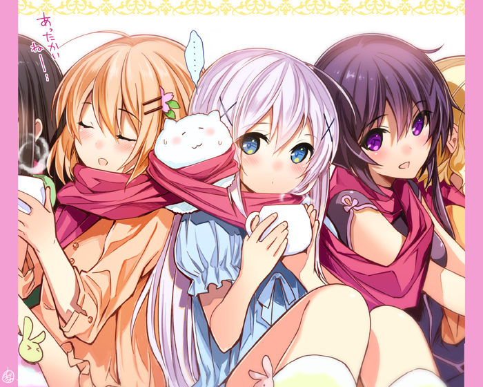 5girls, ahoge, angora_rabbit, blonde_hair, blue_eyes, blue_hair, blush, brown_hair