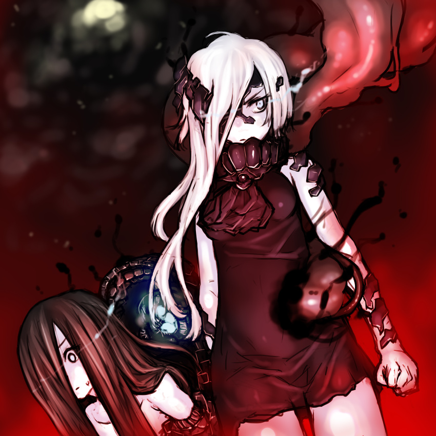 2girls, absurdres, bare_shoulders, black_hair, blue_eyes, clenched_hand, collar, commentary_request