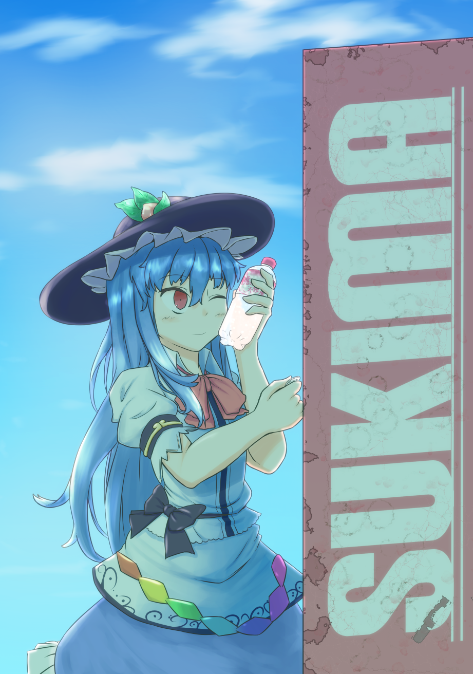 1girl, ;), blue_hair, blush, bottle_to_cheek, bow, coin, dress
