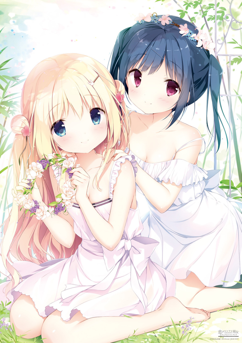 2girls, bare_shoulders, barefoot, black_hair, blonde_hair, blue_eyes, blush, bunny_hair_ornament