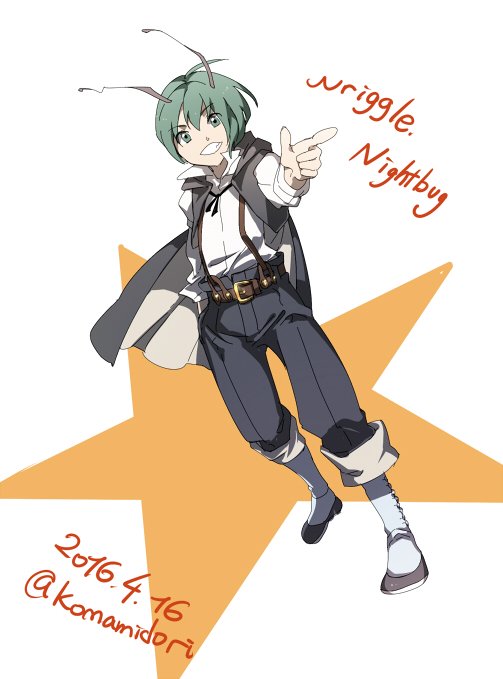 1girl, alternate_costume, belt, cape, green_eyes, green_hair, koma_midori, pants