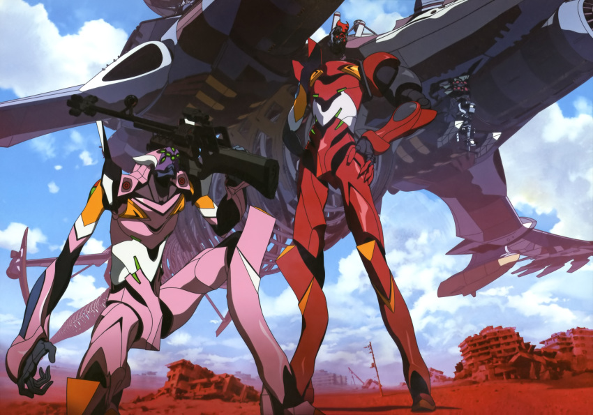 aaa_wunder, absurdres, eva_02, eva_08, evangelion:_3.0_you_can_(not)_redo, from_below, gun, highres