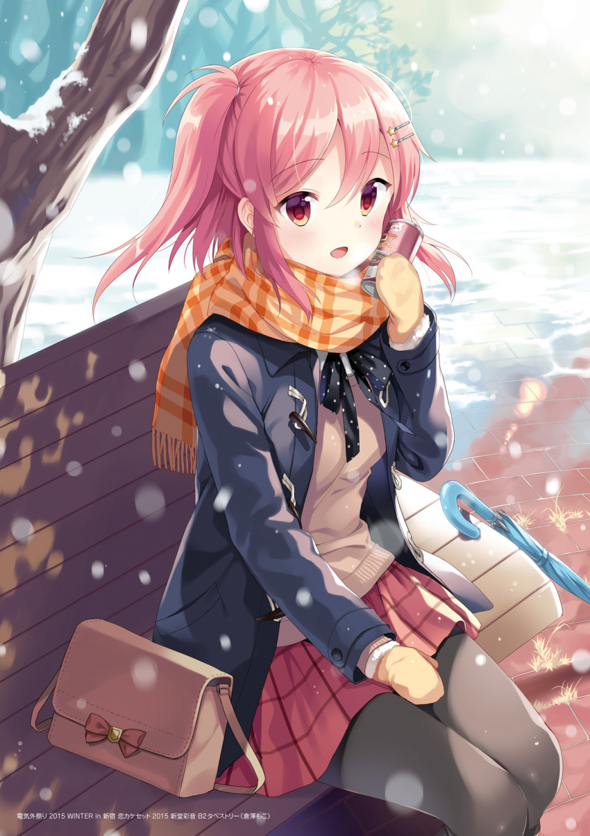 1girl, :d, bag, bench, black_bow, black_bowtie, black_coat, black_legwear, blush, bow, bowtie, breath, brick_floor, closed_umbrella, coat, day, duffel_coat, fur_trim, gloves, hair_ornament, hairclip, hand_on_lap, handbag, highres, holding, koi_kakeru_shin-ai_kanojo, kurasawa_moko, long_sleeves, looking_at_viewer, open_clothes, open_coat, open_mouth, orange_scarf, outdoors, pantyhose, park, plaid, plaid_scarf, plaid_skirt, plant, polka_dot, polka_dot_bow, red_eyes, red_skirt, scarf, shindou_ayane, short_hair, side_ponytail, sitting, skirt, smile, snow, snowing, soda_can, solo, star, sweater, text, tree, umbrella, winter, yellow_gloves