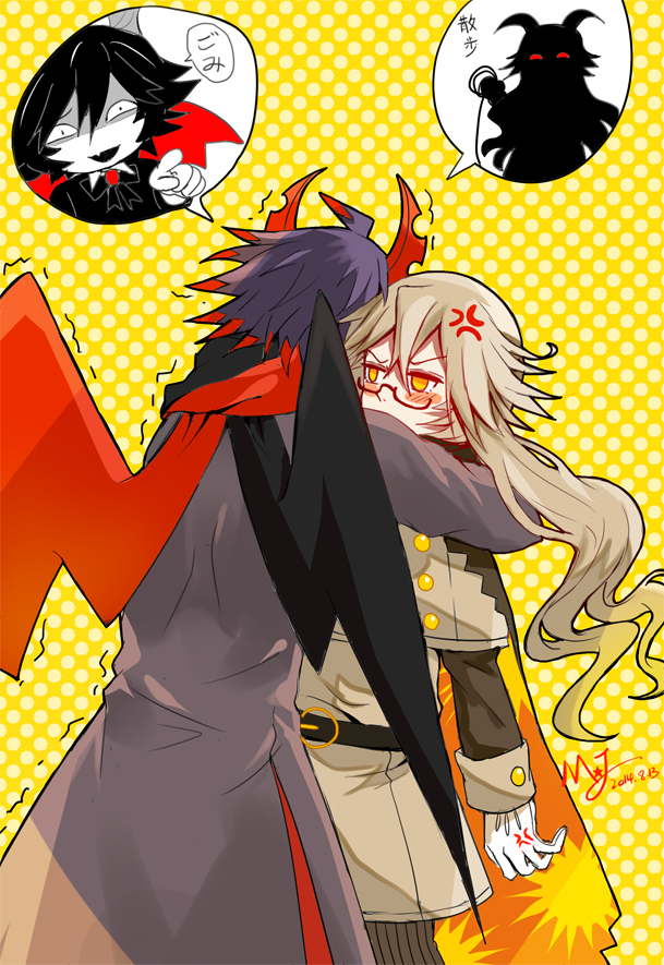 1girl, 3boys, black_hair, blonde_hair, bow, bowtie, cape, capelet