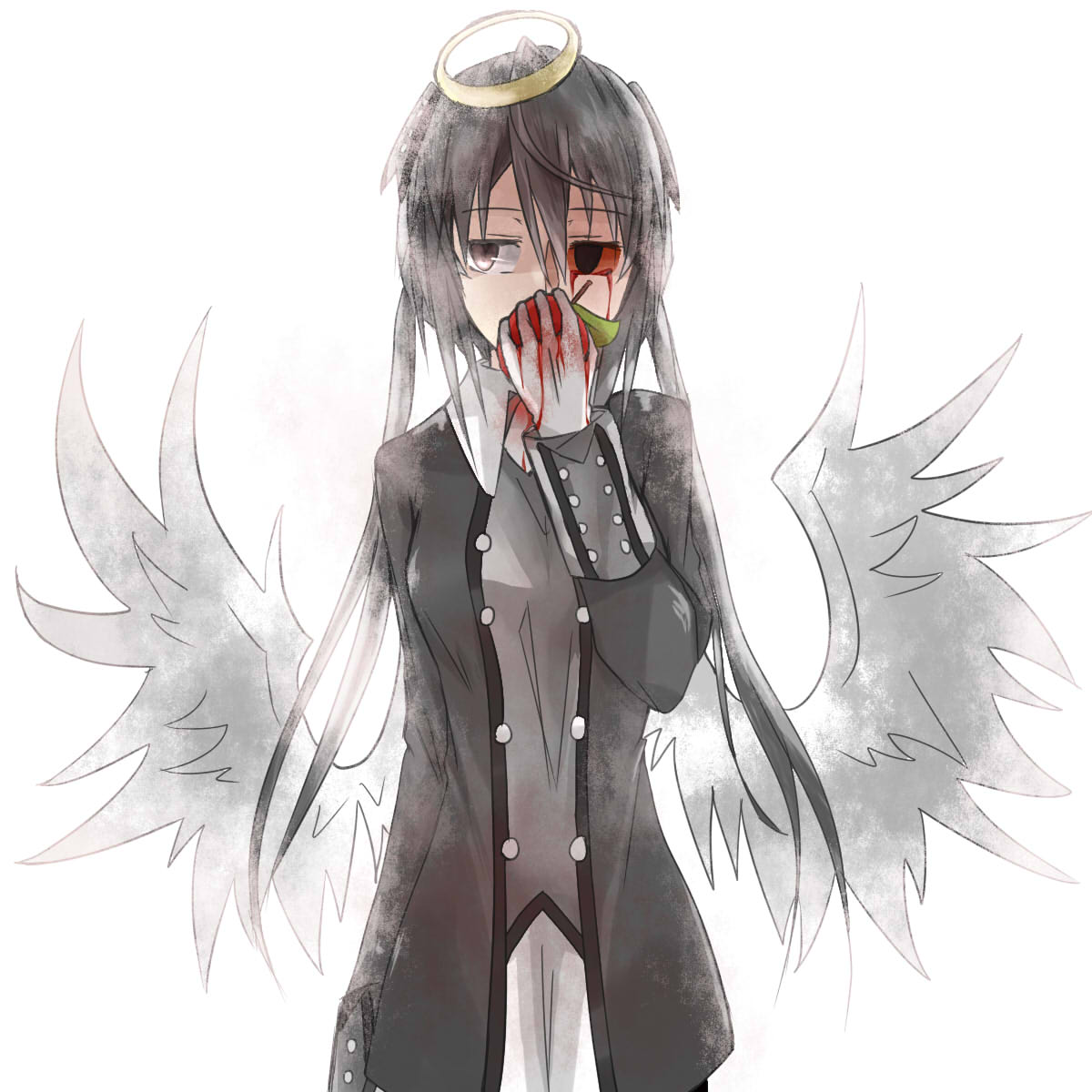 1girl, alela_grora, angel_wings, apple, black_dress, black_hair, blood, blood_on_face