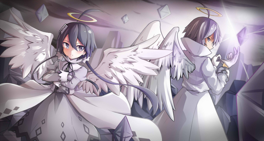 1girl, adjusting_clothes, adjusting_gloves, ahoge, alela_grora, angel_wings, back-to-back, black_hair
