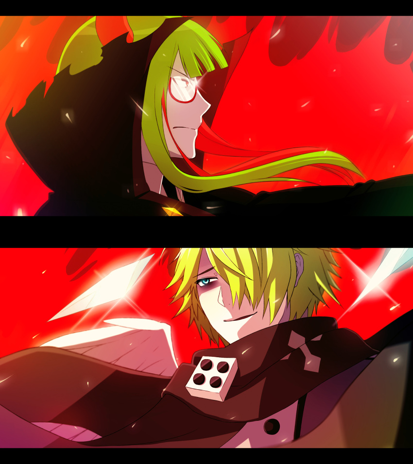 2boys, angel_wings, bags_under_eyes, blonde_hair, blue_eyes, cape, coat, demon, demon_boy, evil_smile, expressionless, formal, glasses, green_hair, haiiro_teien, hair_over_one_eye, hat, high_collar, highres, horns, multiple_boys, necktie, red_eyes, scarf, semi-rimless_glasses, sherbet_(haiiro_teien), short_hair, short_hair_with_long_locks, smile, suit, wings, yosaflame