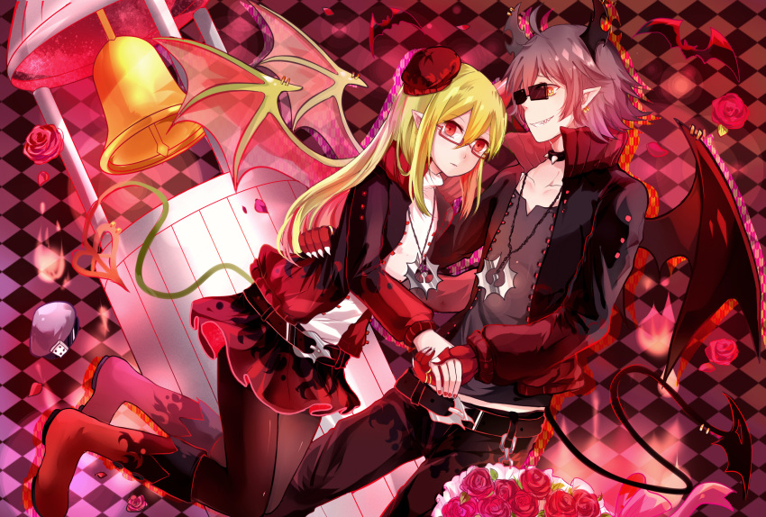 1boy, 1girl, alternate_costume, alternate_hair_length, alternate_hairstyle, bell, boots, brown_hair, checkered, checkered_background, choker, demon_boy, demon_girl, demon_wings, emalf, glasses, green_hair, haiiro_teien, hetero, highres, holding_hands, horns, jacket, leather, leather_jacket, orange_eyes, pantyhose, piercing, red_eyes, short_hair, skirt, sunglasses, wings, xinghuo, yosafire