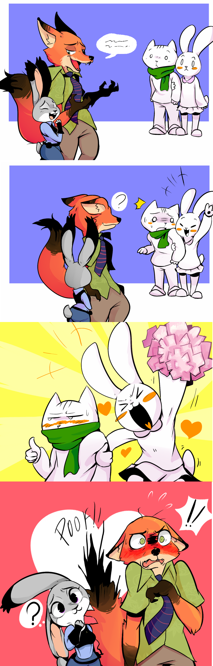 2boys, 2girls, 4koma, :3, blush, cat, claws, comic