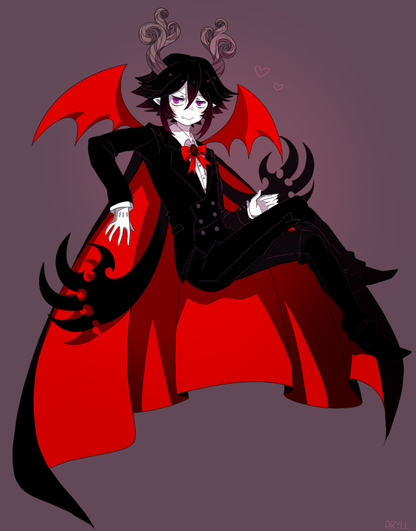 1boy, black_hair, bow, bowtie, cape, demon_horns, demon_wings, formal