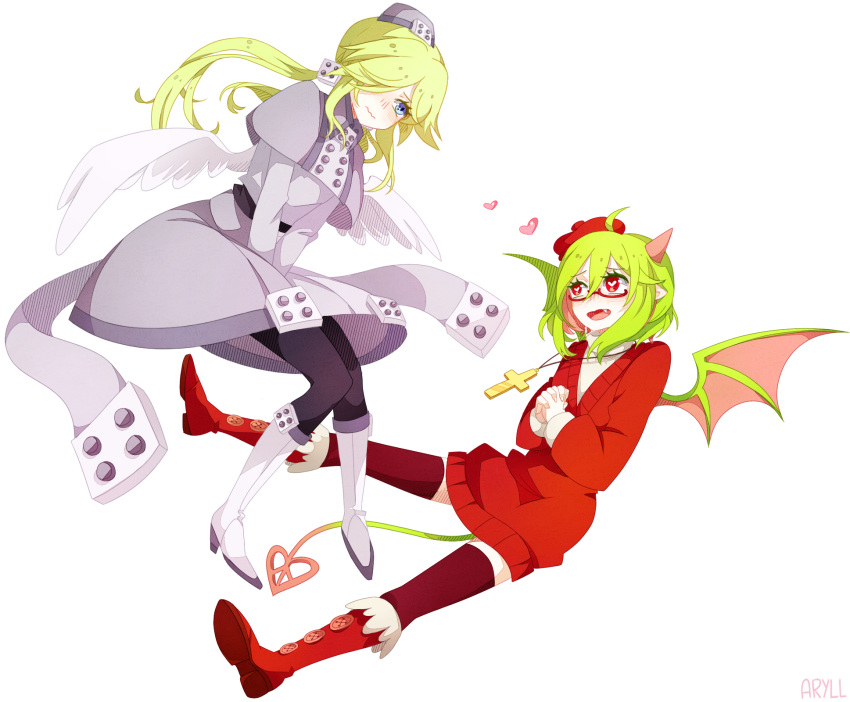 2girls, angel_wings, black_legwear, blonde_hair, blue_eyes, blush, boots, capelet