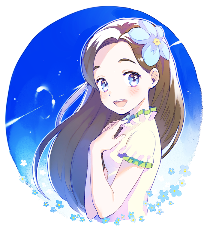 1girl, blue_eyes, blue_sky, blush, brown_hair, circle, dress, flower, flower_(symbol), flower_fairy_(osomatsu-kun), hair_flower, hair_intakes, hair_ornament, jitter, long_hair, looking_at_viewer, osomatsu-kun, osomatsu-san, sky, smile, solo, sundress