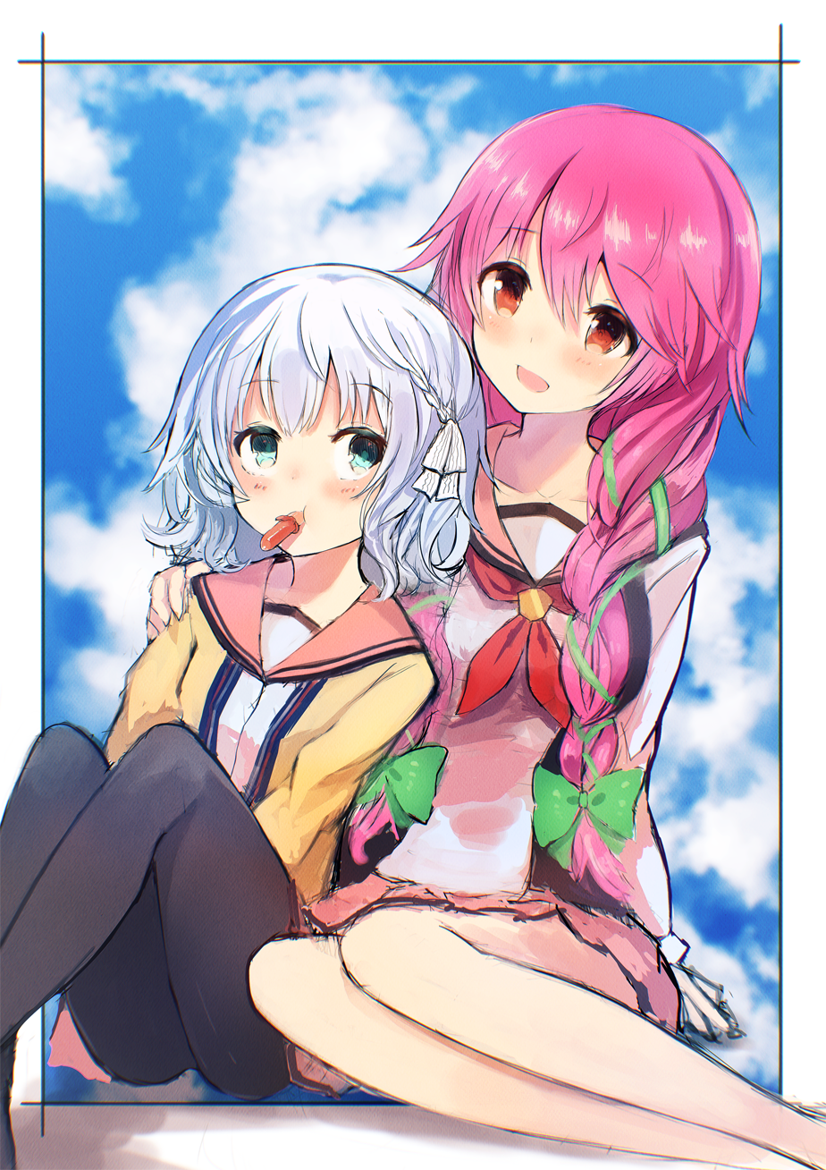 2girls, black_legwear, blue_eyes, bow, braid, eating, hair_bow, hand_on_another's_shoulder, highres, kasugai_mio, lily_lyric_cycle, long_hair, looking_at_another, mariya_natsuki, multiple_girls, nasuno_chiyo, pantyhose, pink_hair, red_eyes, silver_hair, sitting, sky, smile, twin_braids, yokozuwari