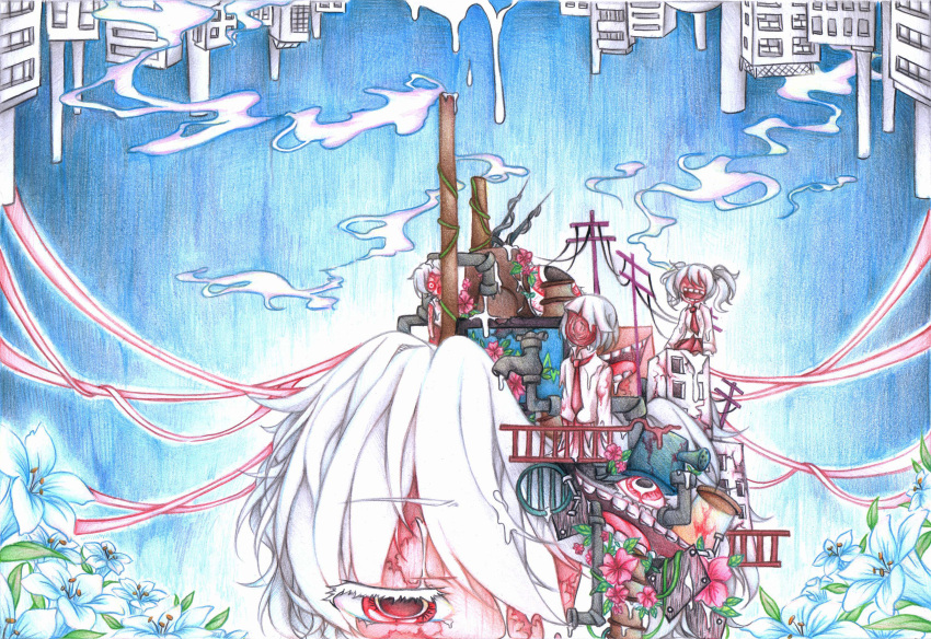 .flow, 3girls, absurdres, albino, dripping, ekg, eyeball, eyebrows, eyebrows_visible_through_hair, flower, gaida, highres, kaibutsu, lily_(flower), messy_hair, multiple_girls, necktie, pink_eyes, power_lines, sabitsuki, school_uniform, short_hair, smoke, smokestack, solo_focus, surreal, teeth, traditional_media, watering_can, white_hair