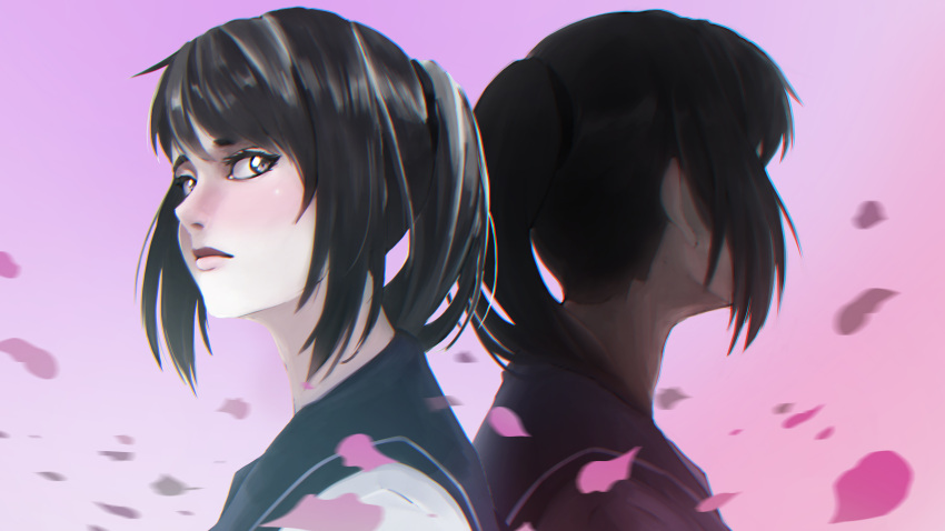1girl, absurdres, back-to-back, black_hair, cherry_blossoms, chromatic_aberration, gradient, gradient_background, highres, lips, looking_at_viewer, ponytail, portrait, school_uniform, serafuku, shyua, side_glance, simple_background, solo, yandere-chan, yandere_simulator
