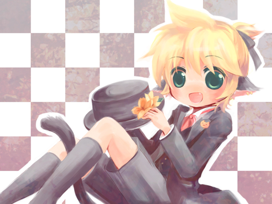 animal_ears, blonde_hair, boku_wa_hai_neko_(vocaloid), cat_ears, child, fang, formal, green_eyes, hat, kagamine_len, male, sakurya, short_hair, sitting, socks, solo, tail, vocaloid