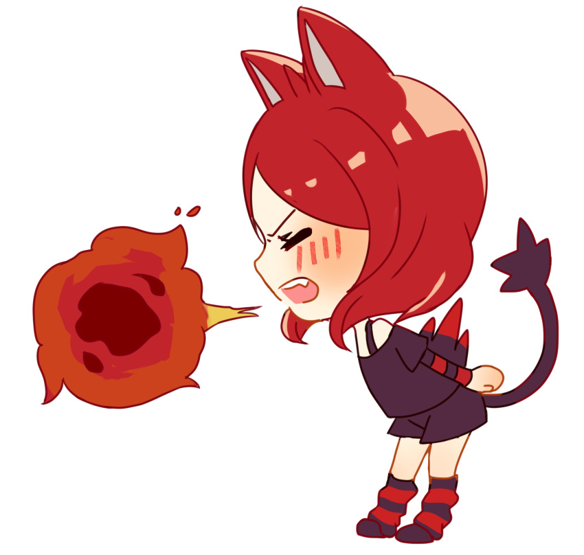 1girl, animal_ears, bangs, black_shorts, blowing, blush, chibi, clenched_hand
