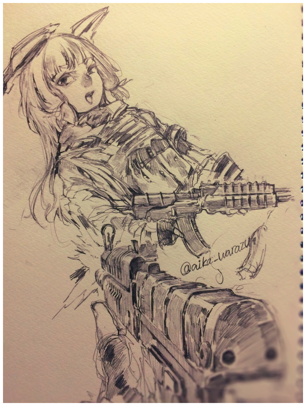 1girl, aek-971, aika_warazu, alternate_costume, assault_rifle, bangs, blunt_bangs, blurry