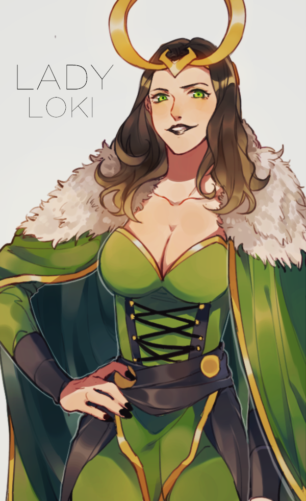 1girl, black_hair, breasts, cape, cleavage, genderswap, green_eyes, helmet
