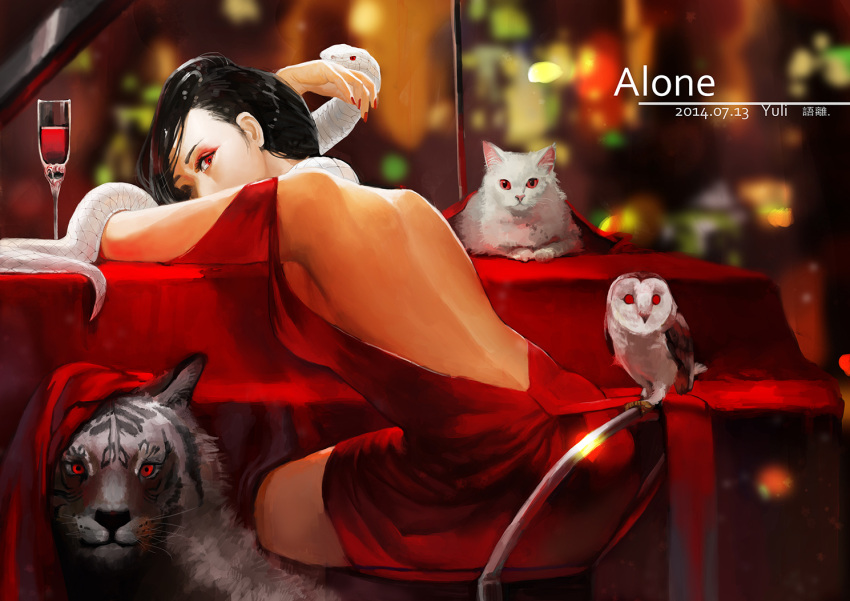 alcohol, animal, bird, black_hair, cat, dress, drink, english