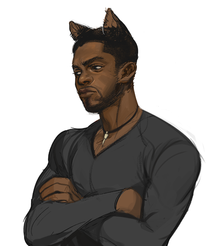 1boy, animal_ears, beard, bisouette, black_hair, black_panther_(marvel), black_shirt, brown_eyes, captain_america_civil_war, cat_ears, catboy, crossed_arms, dark_skin, extra_ears, facial_hair, frown, jewelry, kemonomimi_mode, marvel, necklace, shirt, solo, t'challa, upper_body, white_background