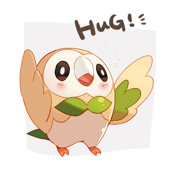 beak, blush, gen_7_pokemon, looking_at_another, open_mouth, outstretched_wings, owl, pokemon, pokemon_(creature), pokemon_(game), pokemon_sm, rowlet, simple_background, tail, text, tki