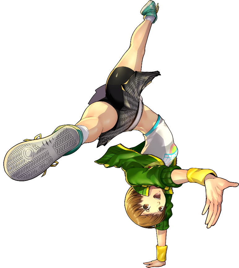 1girl, bike_shorts, brown_eyes, brown_hair, crop_top, foreshortening, green_jacket, handstand, houndstooth, jacket, midriff, official_art, open_clothes, open_jacket, open_mouth, persona, persona_4, persona_4:_dancing_all_night, pleated_skirt, satonaka_chie, shoes, short_hair, skirt, small_breasts, sneakers, socks, soejima_shigenori, solo, track_jacket, transparent_background, upside-down, wristband