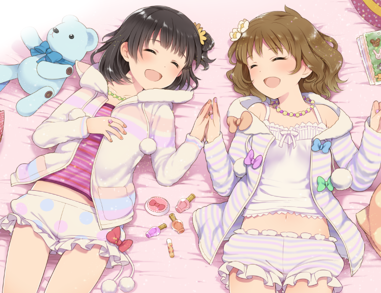 2girls, :d, ^_^, black_hair, bottle, brown_hair, closed_eyes, contact966
