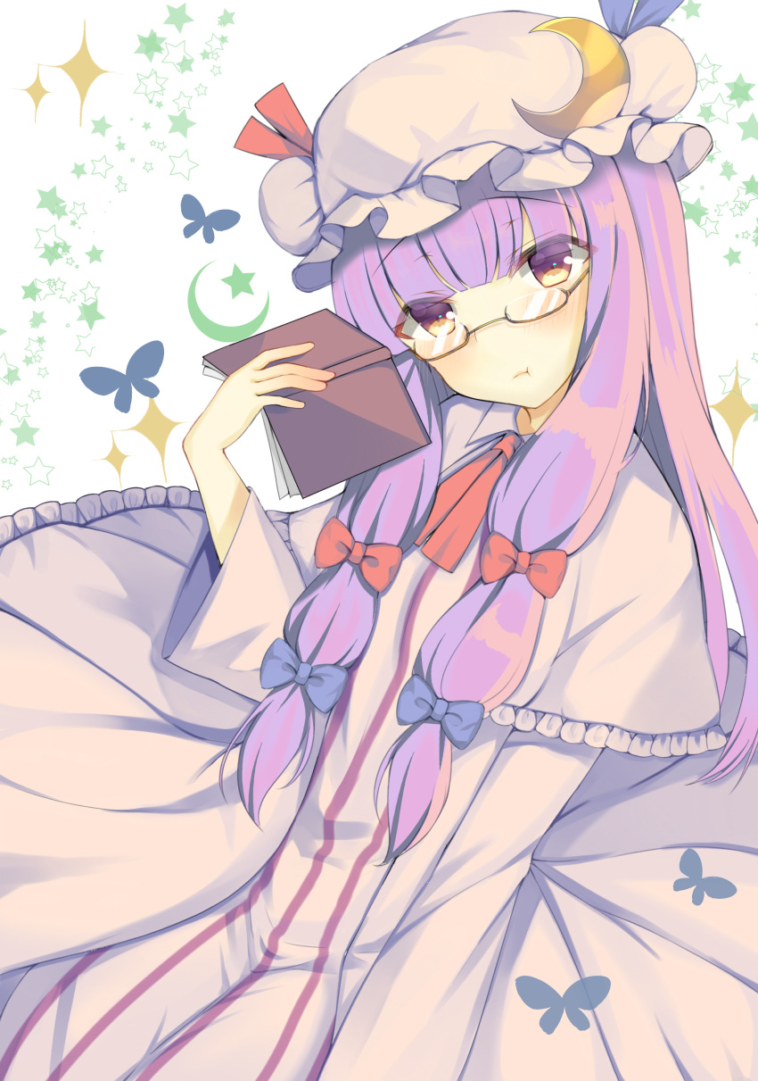 1girl, absurdres, bespectacled, blush, book, bow, crescent, dress