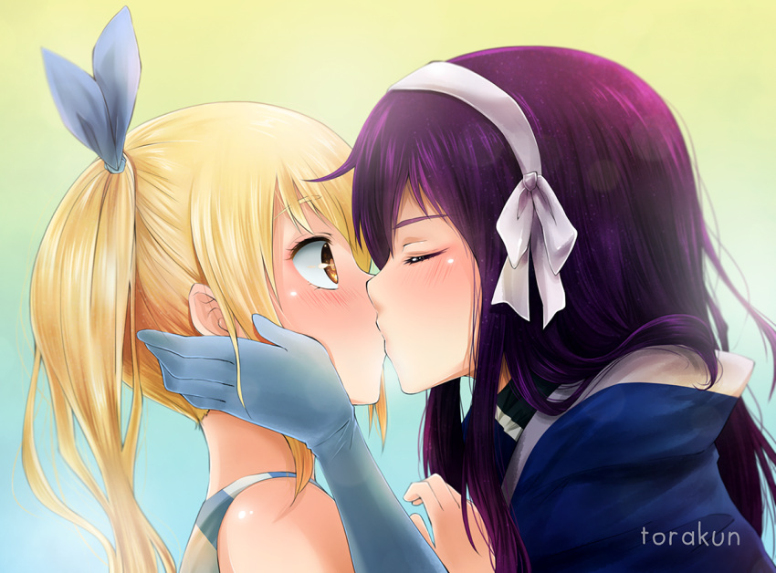 2girls, blonde_hair, blue_gloves, blue_ribbon, brown_eyes, closed_eyes, fairy_tail, gloves