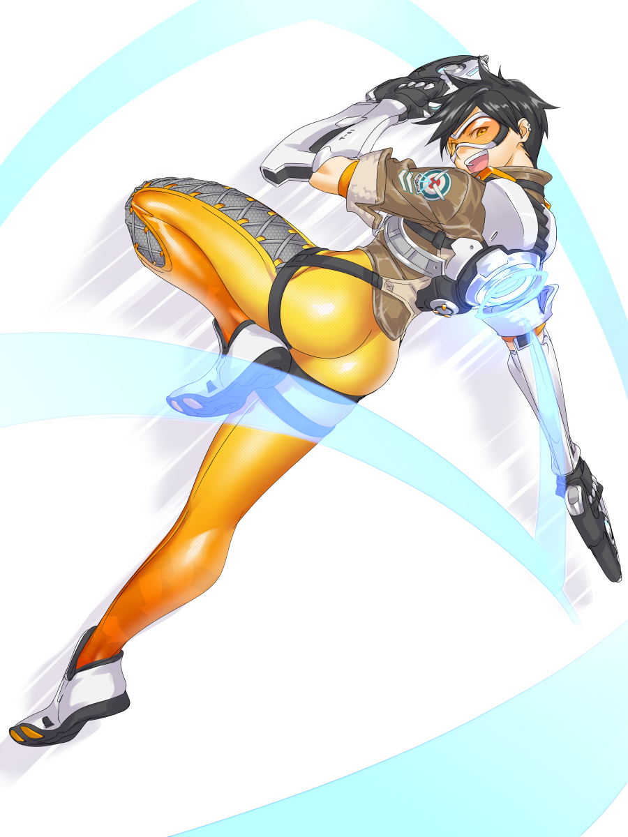 1girl, ass, black_hair, bodysuit, commentary_request, dual_wielding, from_behind, gloves, goggles, gun, handgun, highres, jacket, looking_at_viewer, looking_back, open_mouth, overwatch, shoes, short_hair, smile, sneakers, solo, spiky_hair, taka-michi, tracer_(overwatch), weapon