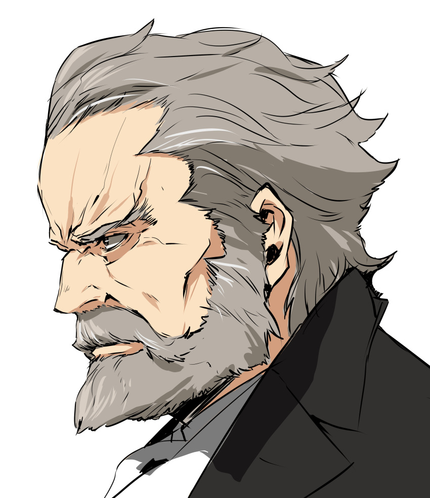 1boy, absurdres, baccano!, beard, enami_katsumi, facial_hair, grey_hair, highres, mustache, short_hair, solo, szilard_quates
