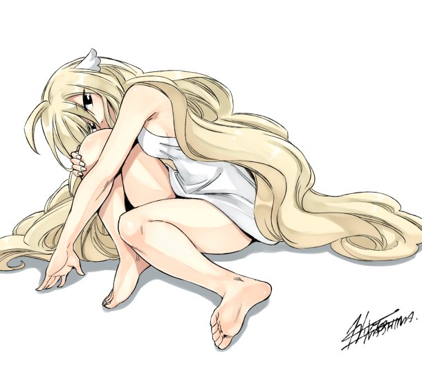 1girl, bare_legs, barefoot, blonde_hair, breasts, brown_eyes, dress, fairy_tail