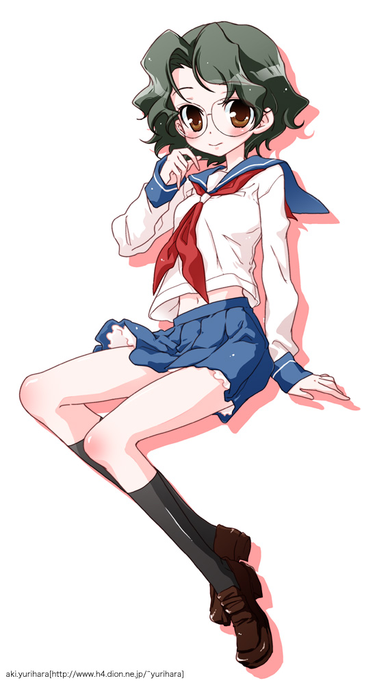 glasses, green_hair, kneehighs, navel, saki, school_uniform, serafuku, short_hair