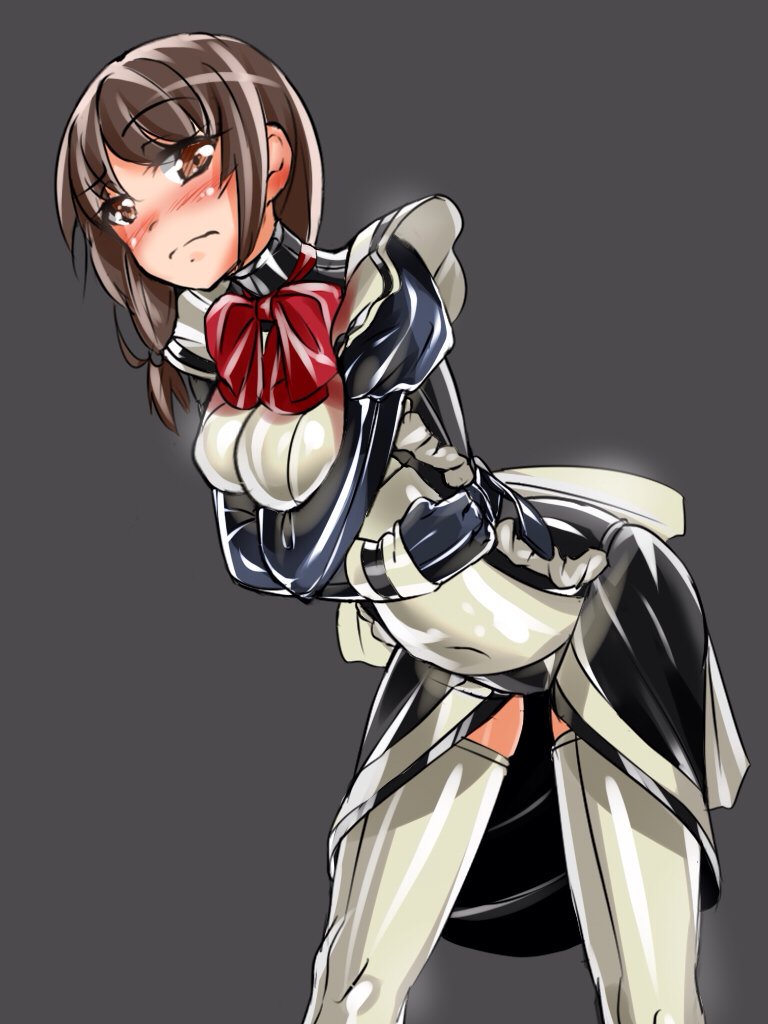 1girl, bdsm, blush, bondage, bound, bow, bowtie, brown_eyes