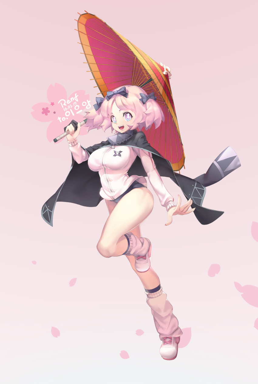 +_+, 1girl, accessories_switch, blue_eyes, bow, breasts, buruma, cape, commentary_request, hair_bow, hibari_(senran_kagura), highres, jacket, large_breasts, looking_at_viewer, open_mouth, pink_hair, renf_ran, senran_kagura, senran_kagura_(series), short_hair, short_twintails, smile, solo, symbol-shaped_pupils, track_jacket, twintails, umbrella, yagyuu_(senran_kagura)