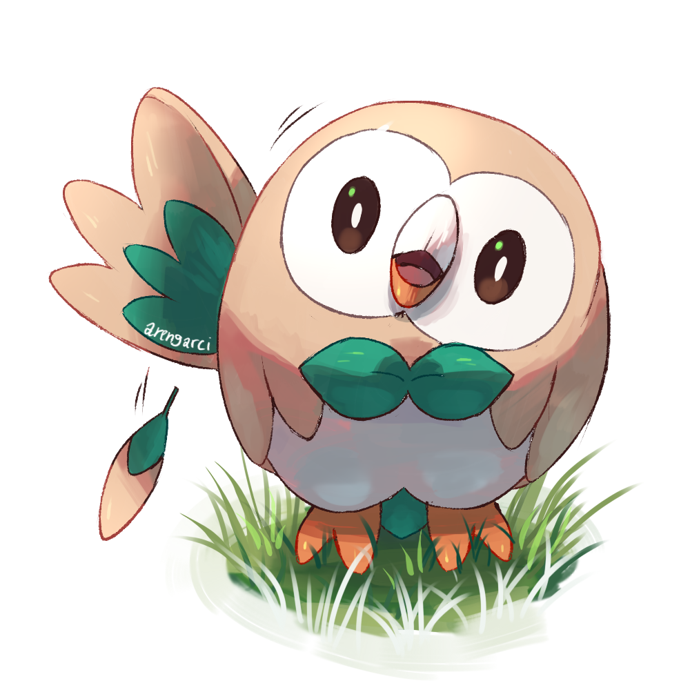 aren_garci, artist_name, bird, commentary, feathers, gen_7_pokemon, grass, no_humans, owl, pokemon, pokemon_(creature), pokemon_(game), pokemon_sm, rowlet, solo