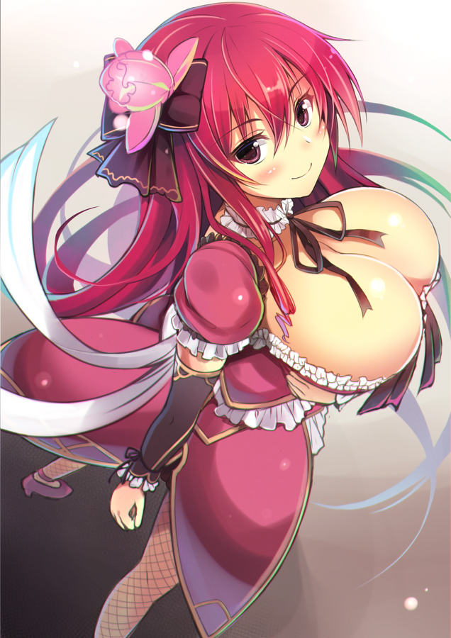 1girl, arm_warmers, black_bow, blush, bow, breasts, cattleya_(flower_knight_girl), cleavage