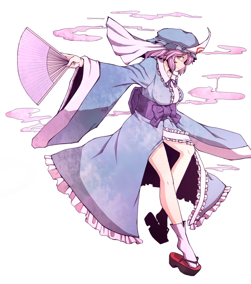 1girl, absurdres, blue_dress, breasts, commentary_request, dress, fan, ghost