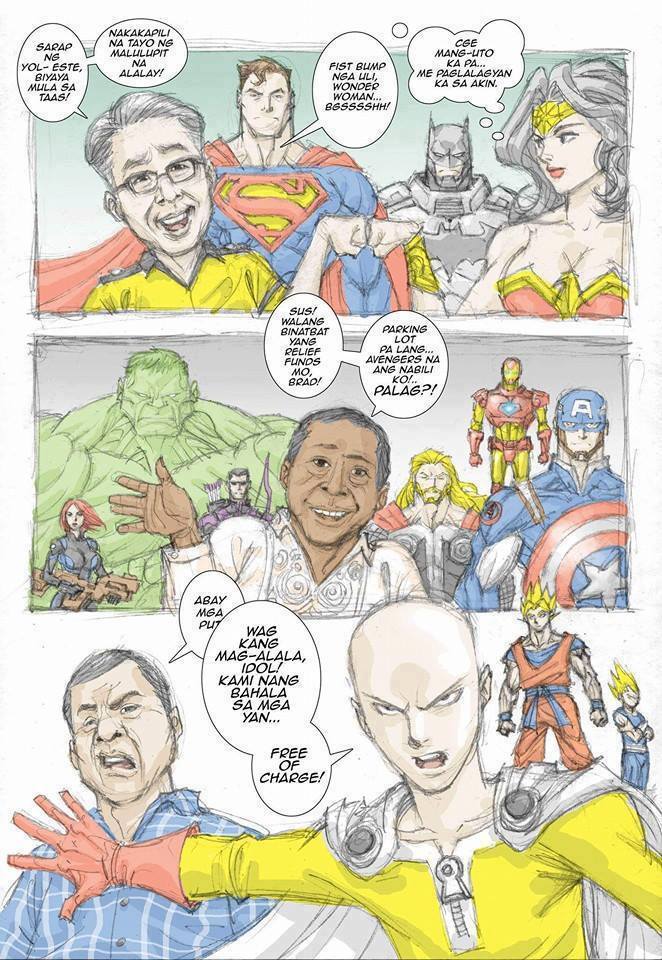 2girls, 6+boys, angry, anthony_tan, arrow, avengers, bald, batman, batman_v_superman:_dawn_of_justice, black_hair, black_widow, blonde_hair, bow_(weapon), breasts, cape, captain_america, check_translation, comic, crossover, dark_skin, dc_comics, dragon_ball, dragon_ball_z, firearm, fist_bump, glasses, gloves, green_skin, gun, hawkeye_(marvel), hulk, iron_man, jejomar_binay, long_hair, manuel_roxas_ii, marvel, multiple_boys, multiple_girls, one-punch_man, open_mouth, philippines, politics, power_armor, redhead, rodrigo_duterte, saitama_(one-punch_man), shield, short_hair, son_gokuu, super_saiyan, superman, tagalog, thor_(marvel), traditional_media, translation_request, vegeta, weapon, white_hair, wonder_woman