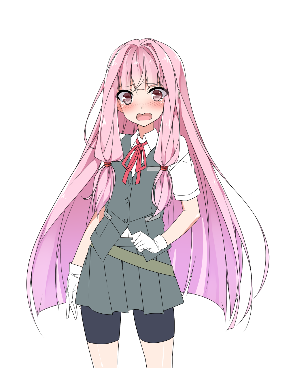 1girl, arm_at_side, bangs, black_shorts, blunt_bangs, buttons, collared_shirt, cowboy_shot, crying, crying_with_eyes_open, eyebrows, eyebrows_visible_through_hair, gloves, grey_skirt, grey_vest, hair_intakes, hair_ribbon, highres, kantai_collection, kotonoha_akane, long_hair, looking_at_viewer, mtu_(orewamuzituda), pink_eyes, pink_hair, pleated_skirt, red_ribbon, ribbon, shiranui_(kantai_collection), shiranui_(kantai_collection)_(cosplay), shirt, short_sleeves, shorts, shorts_under_skirt, sidelocks, simple_background, skirt, solo, standing, tears, transparent_background, very_long_hair, voiceroid, white_gloves, white_shirt, wing_collar