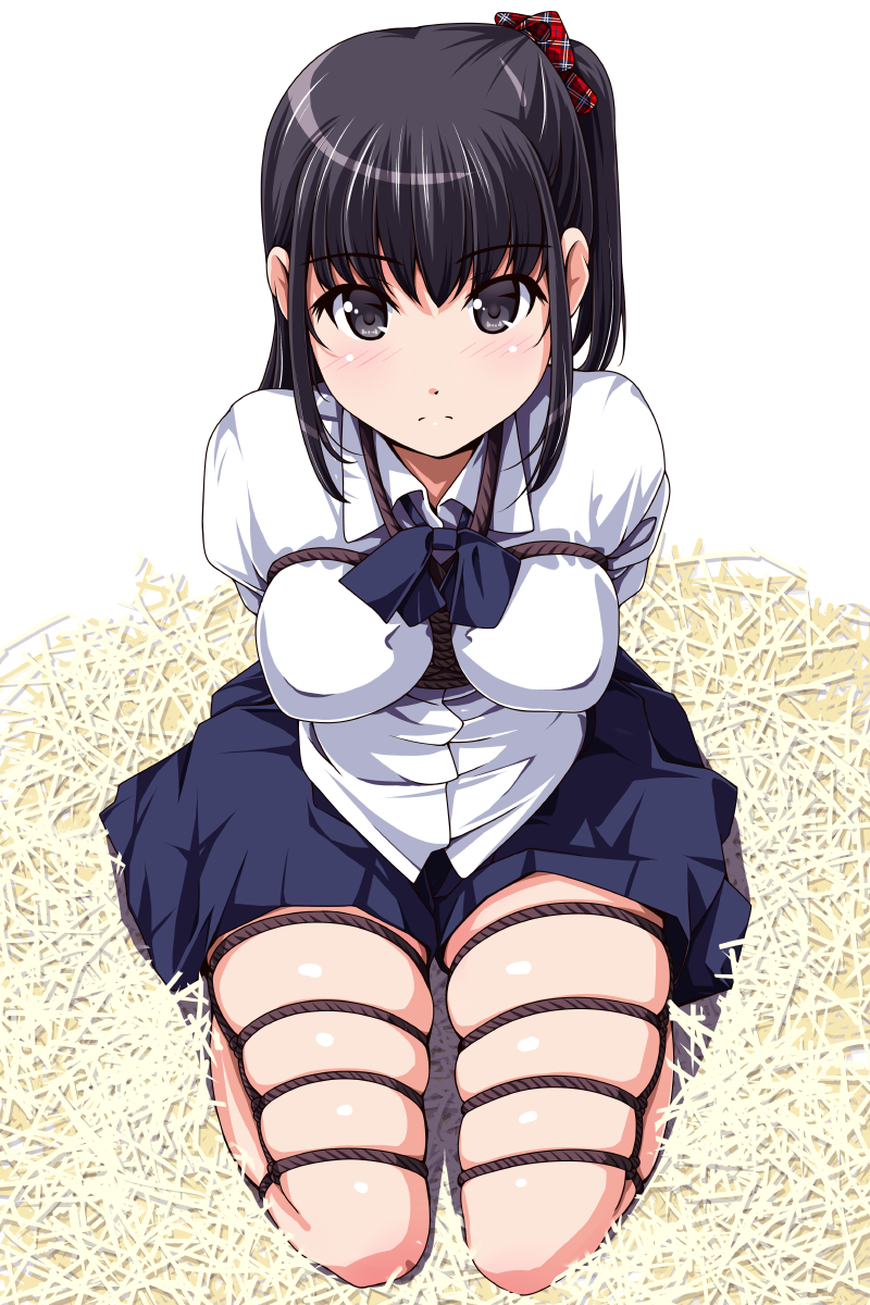 1girl, arms_behind_back, bdsm, black_bow, black_bowtie, black_eyes, black_hair, black_skirt