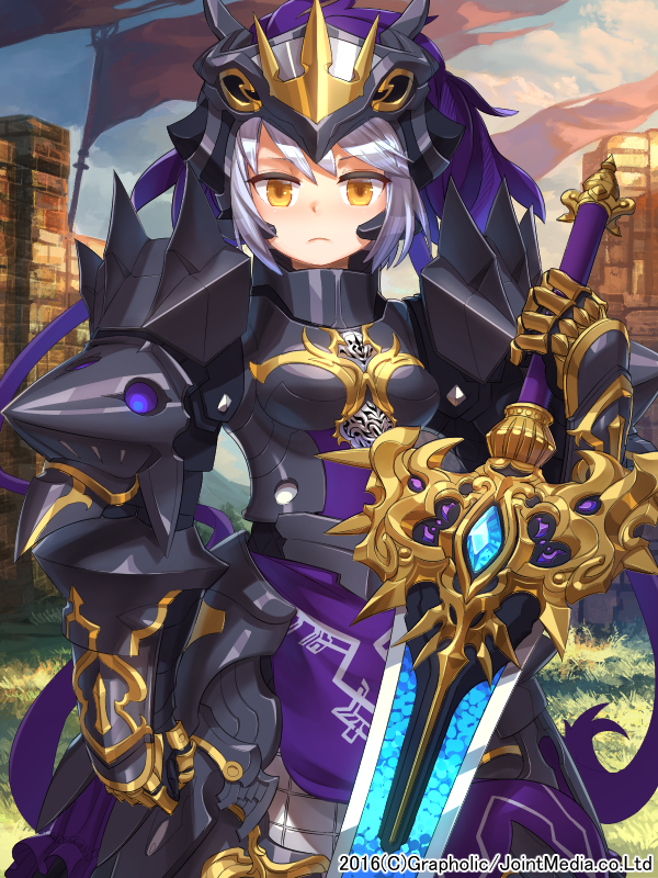 1girl, armor, looking_at_viewer, official_art, ox_(baallore), priget_plus, silver_hair, solo